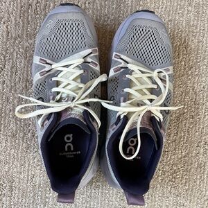 On Cloud Women's Coudsurfer Trail Running Shoe in Gray and Purple